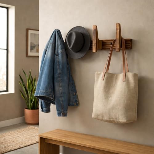 Coat Rack Wall Mount, 12 Inch Rustic Wood Wall Hooks for Hanging, Mortise and Tenon Coat Hooks, Wall Hooks for Coats, Hat Rack, Bag Hanger, Key Holder, Towel Rack for Bathroom (Brown)