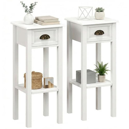 HOMCOM Narrow End Table with Drawer and Bottom Shelf, Slim Side Table for Small Spaces, Skinny Modern Accent Desk for Living Room, Set of 2, White - color: White