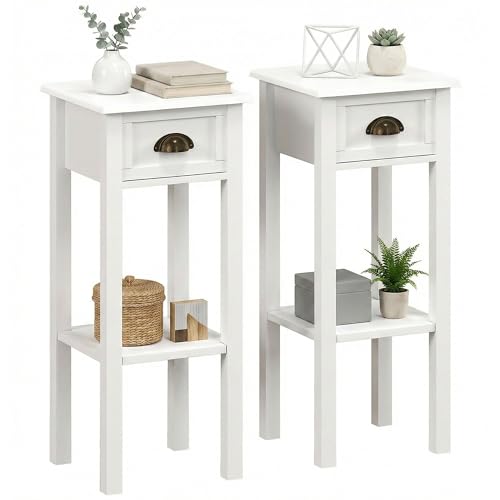 HOMCOM Narrow End Table with Drawer and Bottom Shelf, Slim Side Table for Small Spaces, Skinny Modern Accent Desk for Living Room, Set of 2, White - color: White