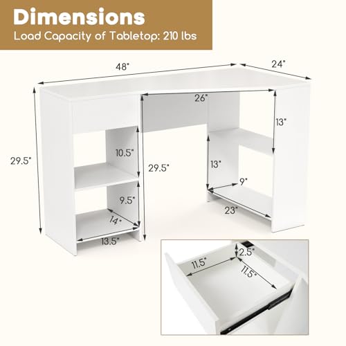 Giantex White Desk with Drawer, 48 Inch Corner Desk with Storage Shelves, Laptop PC Table for Workstation, Vanity Table for Bedroom, Modern Wood Executive Study Writing Table for Small Space