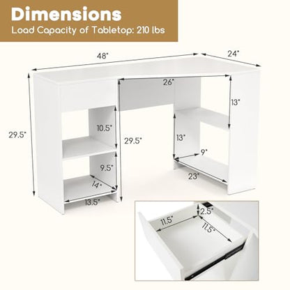 Giantex White Desk with Drawer, 48 Inch Corner Desk with Storage Shelves, Laptop PC Table for Workstation, Vanity Table for Bedroom, Modern Wood Executive Study Writing Table for Small Space