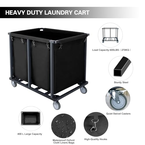 Commercial Laundry Cart with Wheels,400L Black | 600LBS Heavy Duty Industrial Laundry Cart with Steel Frame and Oxford Cloth Bag, Rolling Laundry Cart for Home,Hotel - color: Black