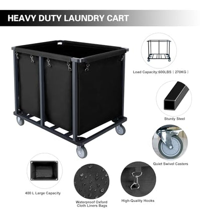 Commercial Laundry Cart with Wheels,400L Black | 600LBS Heavy Duty Industrial Laundry Cart with Steel Frame and Oxford Cloth Bag, Rolling Laundry Cart for Home,Hotel - color: Black