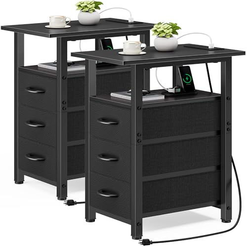 Vagusicc Black End Table with Charging Station Set of 2, Narrow Side Table, Narrow Nightstand with 3 Fabric Drawers, Slim Sofa Side Table for Small Spaces, Small Night Stand for Bedroom, Black - color: Black, size: 2, style: With Power