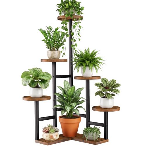 GEEBOBO 6 Tiered Plant Stand Indoor, Corner Plant Stands for Indoor Plantss Multiple, Metal Wood Plant Flower Shelf Rack for Living Room, Patio, Brown - color: 6 Tier-Brown