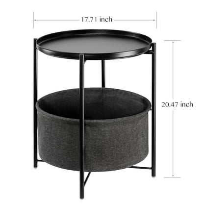 danpinera Black Small Round Side Table with Storage Basket, Removable Tray | Metal Bedside Table for Small Space, Living Room, Nursery, Metal Accent Stand with Removable Tray, Coffee Nightstand, Black - color: Ink Black