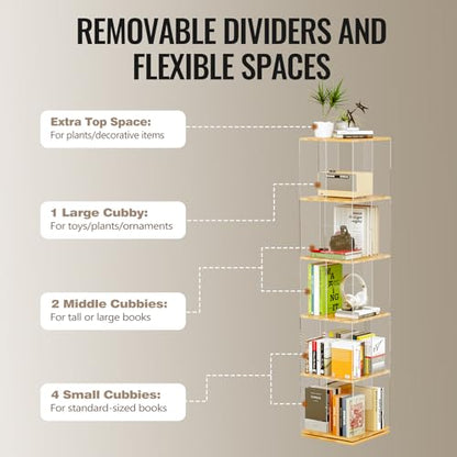 TAKEKIT 5-Tier Rotating Bookshelf, 360° Spinning Book Shelf Tower with Solid Wood & Clear Acrylic, Square Revolving Bookcase for Kids Room, Living Room, Bedroom and Office - color: Natural Square, size: 5-Tier