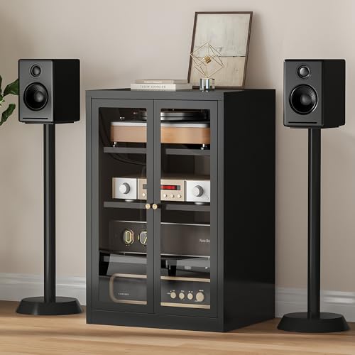 Metal Media Cabinet, 4-Tier Stereo Cabinet with Glass Doors & Adjustable Shelves, Audio AV Rack with Cable Management, Black - color: Black, style: FloorSeal