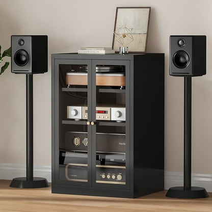 Metal Media Cabinet, 4-Tier Stereo Cabinet with Glass Doors & Adjustable Shelves, Audio AV Rack with Cable Management, Black - color: Black, style: FloorSeal