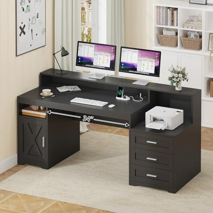 TVU Farmhouse Computer Desk with Drawers, 65'' Home Office Desk with Power Outlets, Storage Cabinet and Printer Stand, Study Writing Desks with Long Monitor Stand, Black - color: Black