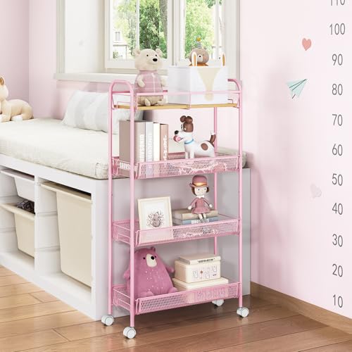 TOOLF 4-Tier Slim Rolling Cart, Metal Storage Cart with Wooden Tabletop and Mesh Baskets for Narrow Space on Kitchen Bathroom Laundry Room Bedroom Apartments Dormitory - size: Slim, style: Pink