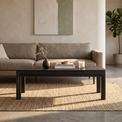 NTC Flow Modern Wooden Rectangle Coffee Table with Hidden Drawer – Waterproof & Heat Resistant, Burnt Black - color: Burnt Black, size: 47 Inch, style: Coffee Table