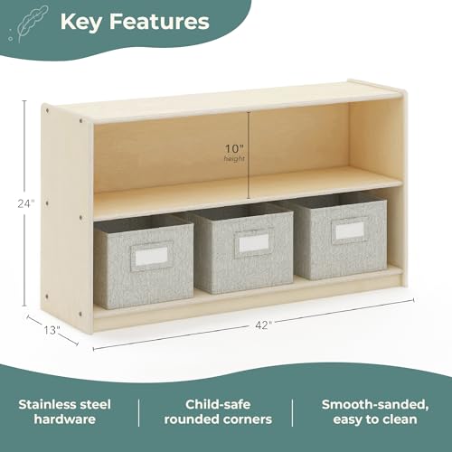 Guidecraft EdQ Two Shelf Open Storage 24'' Natural with 3 Fabric Bins: Wooden Multi-Purpose Bookcases and Toy Storage Organizer; Homeschool and Classroom Furniture - color: Natural
