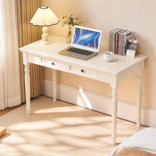 White Writing Desks with Drawers, 35" French Country Style | Solid Wood Farmhouse Computer Desk for Home Office, Living Room Study or Workspace - color: White, size: 47 inches