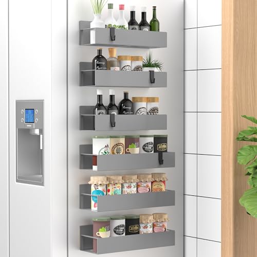 Metal Magnetic Spice Rack for Refrigerator Gray, 6 Pack | Magnetic Shelves Heavy Duty for Fridge in Kitchen, Seasoning Storage Organizer, For Oven Washer and Dryer, For Heavier Items - color: Gray, size: 6 Pack