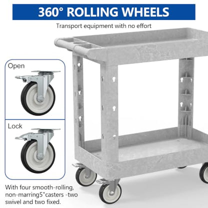 Large Garage Plastic Utility Cart, Heavy Duty 2 Shelf Tool Cart Service Cart Rolling Push Carts with Ergonomic Handle 5" Swivel Casters. - color: Gray, size: 34 x 17 Inch