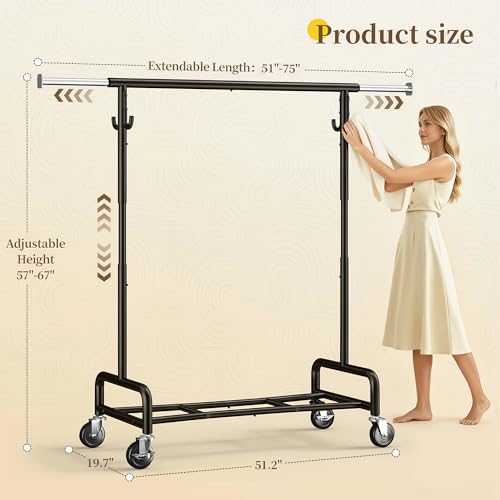 Raybee 75"W Heavy Duty Clothes Rack 450 LBS Rolling Garment Rack with Shelf | Expandable, Height Adjustable, Tool-free Assembly, 360° Lockable Wheels, Rolling Clothing Rack for Bedroom Laundry Room - color: Black, style: Rod Shelf