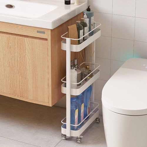 Rolling Storage Cart, 3 Tier Bathroom Organizer Mobile Shelving Unit, Metal Utility Cart Tower Rack for Kitchen Laundry Narrow Places(Fully Assembled Furniture, White) - color: White