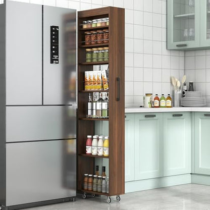 7-Tier Slim Mobile Shelving Cart with Wheels, Rolling Pantry with 7 Racks, Narrow Pull-Out Utility Cart, Space Saving Storage Organizer Carts for Kitchen Living Room Bathroom Narrow Spaces, Walnut - size: Walnut & 7.87"D x 17.72"W x 70.87"H