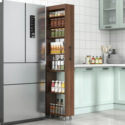 7 Tier Multi-Functional Pull-Out Multi-Tier Storage Single-Sided Open Shelf for Kitchen, Living Room & Narrow Spaces - color: 08-walnut - 7 Tier