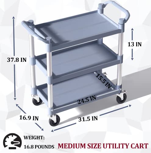 Plastic Utility Carts with Wheels, 3-Tier Medium Size Restaurant Food Cart, Heavy Duty 510lbs Capacity Rolling Service Cart w/Hammer for Commercial, Kitchen, Office (Lockable Wheels, M-Grey)