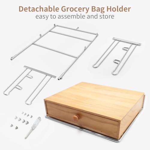 Detachable Plastic Grocery Bag Holder with Wooden Drawers Base, Grocery Bag Holder and 200 Count Plastic Bags, Chrome Plated T-Shirt Bags Rack with Stores, Grocery Store，Supermarkets, Homes, Kitchens