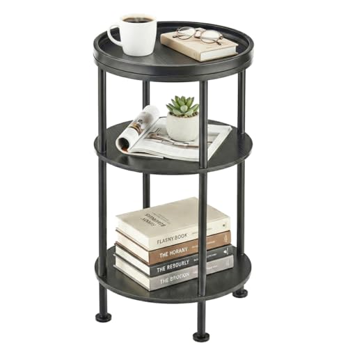 Small Round Side Table with Tray Top, 11.8" Narrow End Table, Black | 3-Tier Small Round End Table for Living Room & Bedroom, Modern Nightstand with Storage Shelf, Accent Table for Small Spaces - color: Black, style: Classic