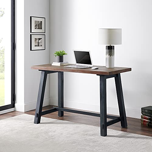 Alaterre Furniture Adam 48 in. Solid Pine Wood Desk, Rustic Industrial Style with Distressed Black Sawhorse Legs, Natural Wood Finish, Home Office Workstation, 48 in. W x 23 in. D x 30 in. H - size: 48"W