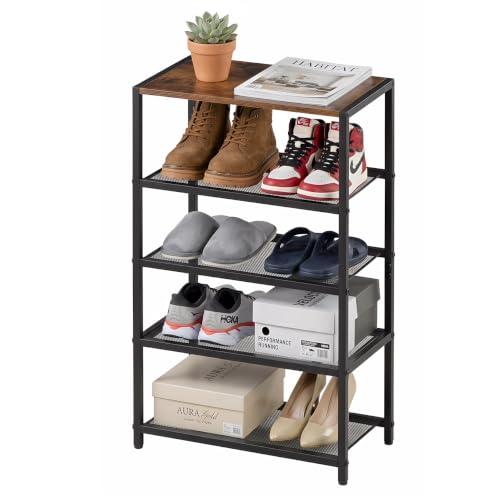 5 Tier Narrow Shoe Rack Shelf for Front Door Entrance, Entryway, and Closet Shoe Organizer with 4 Sturdy Metal Mesh Shelves and Wooden Top, Holds 10 Pairs, Ideal for Shoe Storage or Display - size: 17"D x 10.24"W x 30.7"H