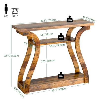 47" Wood Console Table for Entryway, Narrow Sofa Table with 3-Tier Shelves | Curved Legs Farmhouse Hallway Table, Skinny Console Table Behind Couch, Wooden Entry Table for Living Room Rustic Brown - color: Rustic Brown