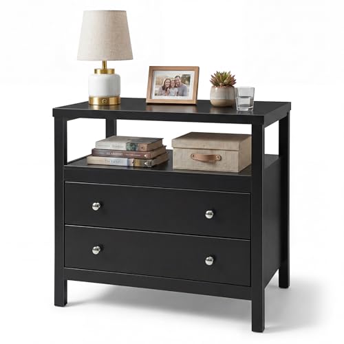 28 Inch Wide Night Stand, Black Nightstand with 2 Drawers and Open Shelf | Bedside Table Storage End Tables for Bedroom Study Office, Modern Solid Wood Dresser with Zinnc Alloy Pulls