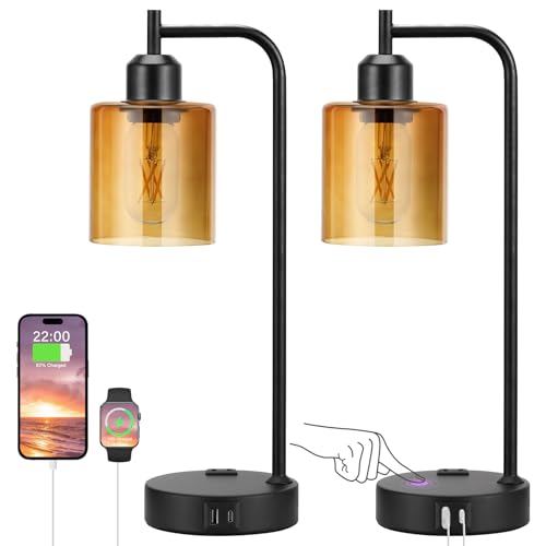 Industrial Touch Nightstand Lamps for Bedrooms Set of 2 - 3-Way Dimmable Table Lamps with USB C+A Ports and Outlet, Bedside Lamps with Amber Glass Shade for Living Room, Desk Lamps for Home Office - color: C-Amber