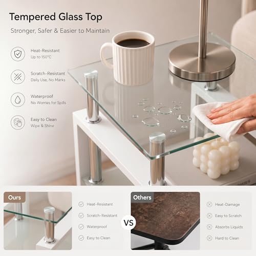 Meihua Tempered Glass End Table, White Modern Square Side Table with Metal Frame, 2-Tier Glass Accent Table for Living Room, Bedroom, Apartment & Small Spaces - color: White, size: 1pc