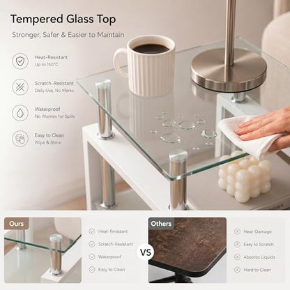 Meihua Tempered Glass End Table, White Modern Square Side Table with Metal Frame, 2-Tier Glass Accent Table for Living Room, Bedroom, Apartment & Small Spaces - color: White, size: 1pc