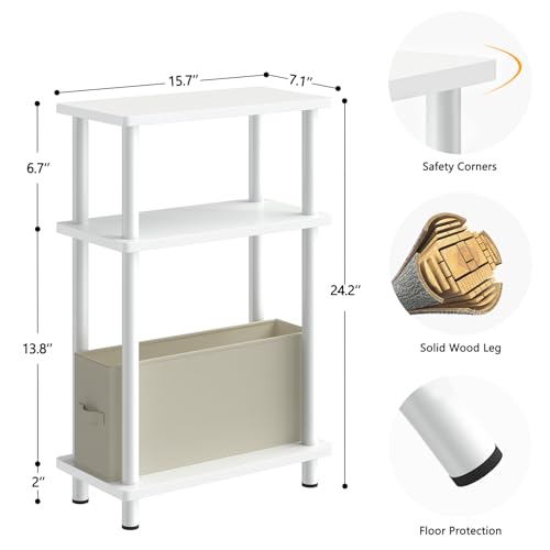 Apicizon Small Narrow Side Table, 3-Tier Skinny End Table with Fabric Basket, Slim Nightstand Bedside Table for Small Spaces, Living Room, Bderoom, White - color: White, style: Narrow Side Table with Basket