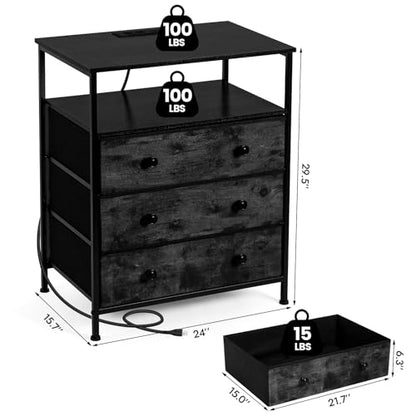 3-Drawer LED Nightstand with Charging Station, Black. | Engineered Wood and Steel, 2 AC and 2 USB ports, 24 Inch Wide, RGB App Control, Fabric Drawers, Open Storage Shelf - color: Black