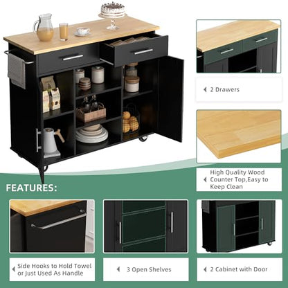 Shintenchi Kitchen Storage Island Cart with 3 Open Shelves, 2 Drawers and 2 Cabinets, Kitchen Cart on Wheels with Handle/Towel Rack, Black - color: Yellow