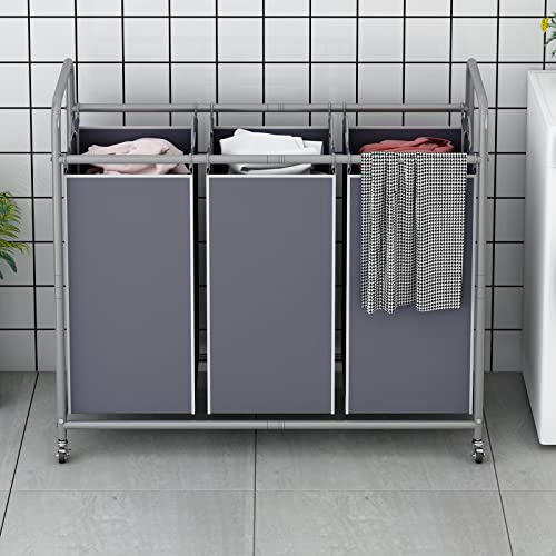 LINZINAR 3 Section Laundry Hamper, Grey Laundry Basket, 135L Laundry Sorter | Laundry Room Organization with Heavy Duty Rolling Lockable Wheels and Removable Bag, Bedroom Laundry Cart for Clothes Storage - size: 3 Bags Grey