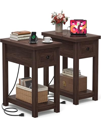 Narrow End Table Set of 2 with Charging Station - Farmhouse Side Tables with Drawers, 14" Wood Nightstands Set of 2 for Bedroom Living Room, Slim Couch Bedside Table Small Spaces, Black Walnut - color: Black Walnut, size: 2 Pack