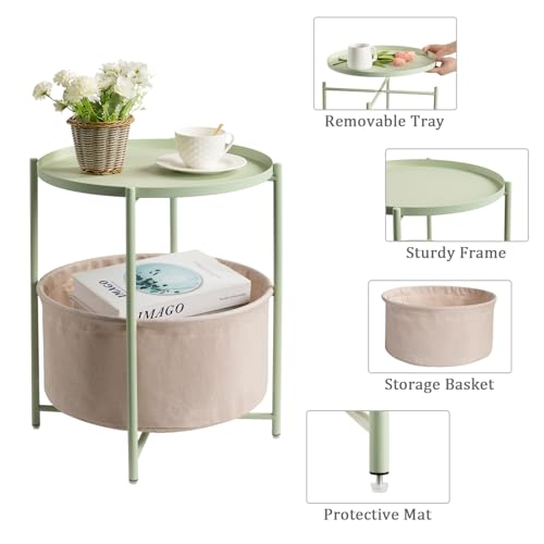danpinera Round Side Table with Fabric Storage Basket, Small Coffee Table | Metal End Stand with Removable Serving Tray, Modern Nightstand for Small Space, Living Room, Bedroom, Nursery, Light Green - color: Light Green