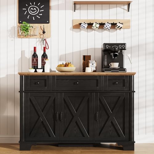 BestHaped Farmhouse Buffet Cabinet with Storage, Black Sideboard Buffet Cabinet with Adjustable Shelves & 3 Drawers, Buffet Table Coffee Bar Wine Bar Storage for Kitchen & Living Room, 47 Inch - color: Black, size: 47 inch
