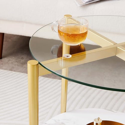 LumFurn Round Glass End Table, Mid-Century Modern Design Sofa Table for Living Room, D18 x H23 in, 2-Tier Structure, Clear Glass Top and White Marble Shelf, Sleek Conical Legs with Gold Finish Frame - color: Clear & White Marble, size: D18" Round End Tabl
