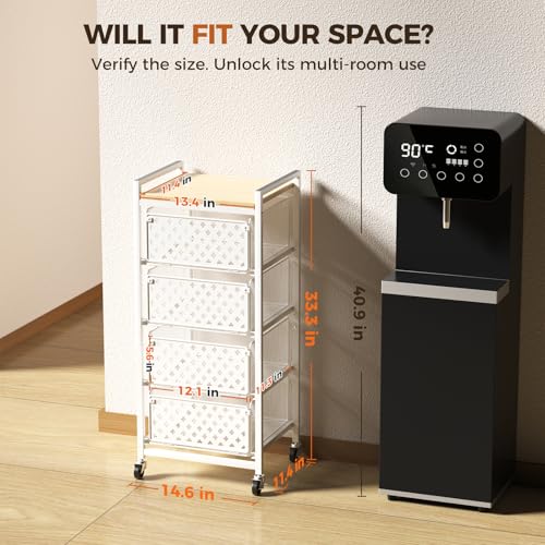 5 Tier Kitchen Storage Cart with Wheels, Utility Fruit Vegetable Storage Rack Stand with Pull-Out Baskets & Wood Top, Metal 4-Drawers Rolling Snack Cart, Kitchen Cart for Potato Onion(White) - color: White