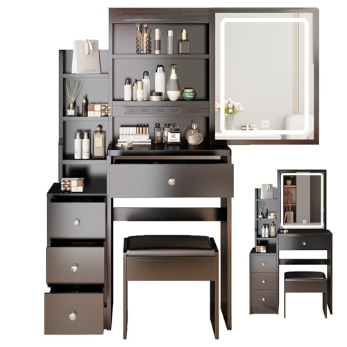 Small Vanity Desk, Makeup Desk for Small Space for Girl, Compact Makeup Vanity with Drawers, Shelves, Stool, Vanity Set with 3 Color Lighting Brightness Adjustable for Apartment, Dormitory, (Black)