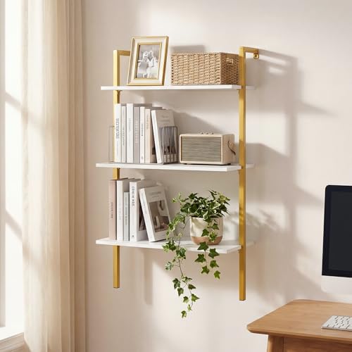 Giantex Ladder Shelf, 3-Tier Wood Wall Mounted Bookshelf with Metal Frame, Modern Open Storage Rack and Display Shelves, Wooden Floating Shelving Unit for Living Room, Home Office (Gold+White)