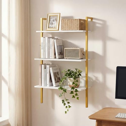 Giantex Ladder Shelf, 3-Tier Wood Wall Mounted Bookshelf with Metal Frame, Modern Open Storage Rack and Display Shelves, Wooden Floating Shelving Unit for Living Room, Home Office (Gold+White)