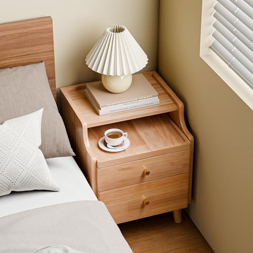 Nightstand with Drawers, Pre-Assembled, 19.7" H Natural Solid Wood Night Stand with Open Sliding Shelf, Mid Century Modern Small Bedside Table Cabinet for Bedroom, Natural Oak 16" - color: Oak, size: 16"