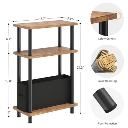 Apicizon Small Narrow Side Table, 3-Tier Skinny End Table for Small Spaces, Slim Nightstand with Fabric Basket, Bedside Table for Living Room, Bedroom, Rustic Brown and Black - color: Rustic Brown and Black, style: Narrow Side Table with Basket