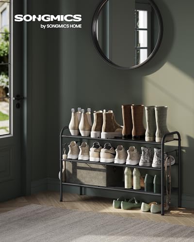 SONGMICS Shoe Rack, 3-Tier Shoe Organizer, Metal Shoe Shelf Storage with 4 Side Hooks, Holds 16 Pairs of Shoes, Height-Adjustable Shoe Rack for Entryway, Hallway, Closet, Ink Black ULMR138B01 - size: 3 Tiers (33.5"W)