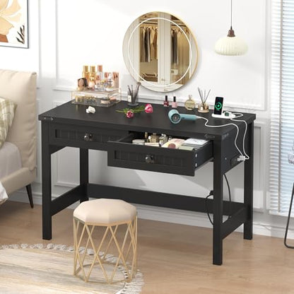 YOMILUVE Farmhouse Computer Desk with 2 Drawers, 39 Inch Small Black Computer Desk with Power Outlets, Home Office Desk Compact Writing Study Table for Small Spaces - color: Black